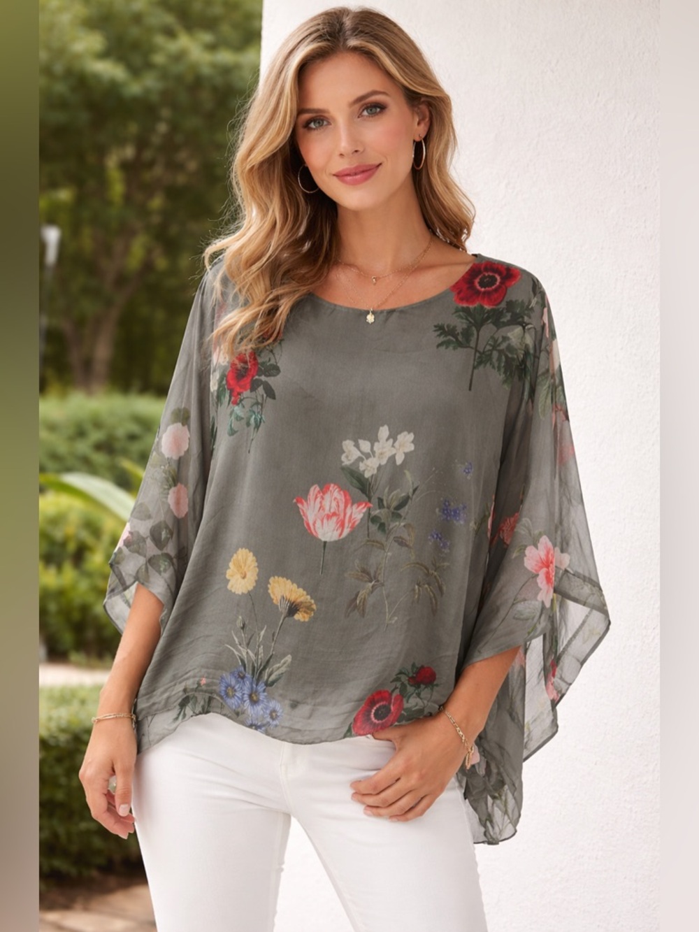 Women's Olive Floral Sheer Blouse - Elegant Lightweight Top